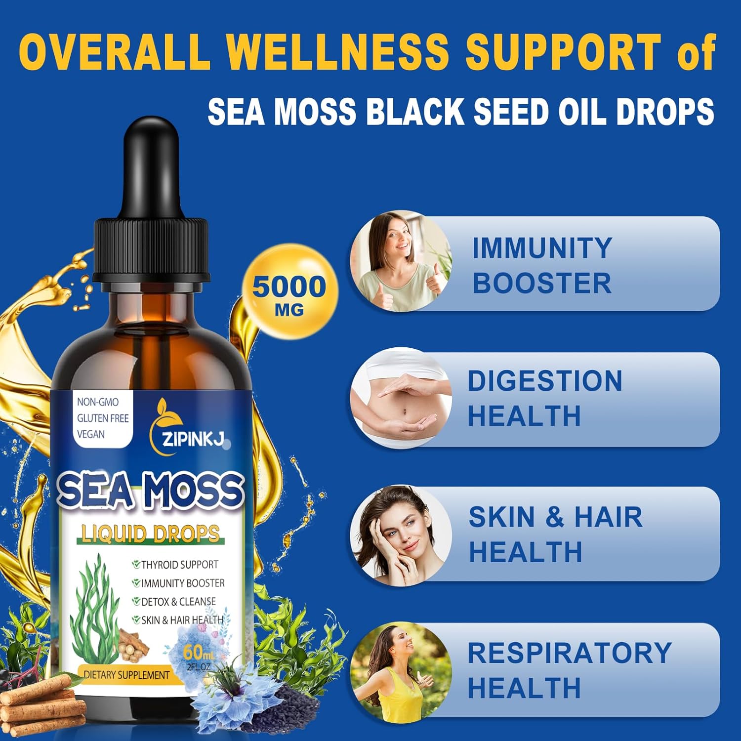 Sea Moss Drops, Irish Liquid Sea Moss Gel Supplement with Black Seed Oil, Shilajit, Elderberry, Burdock Root, Spirulina, Bladderwrack for Digestion Health, Non-GMO, 2 Fl Oz