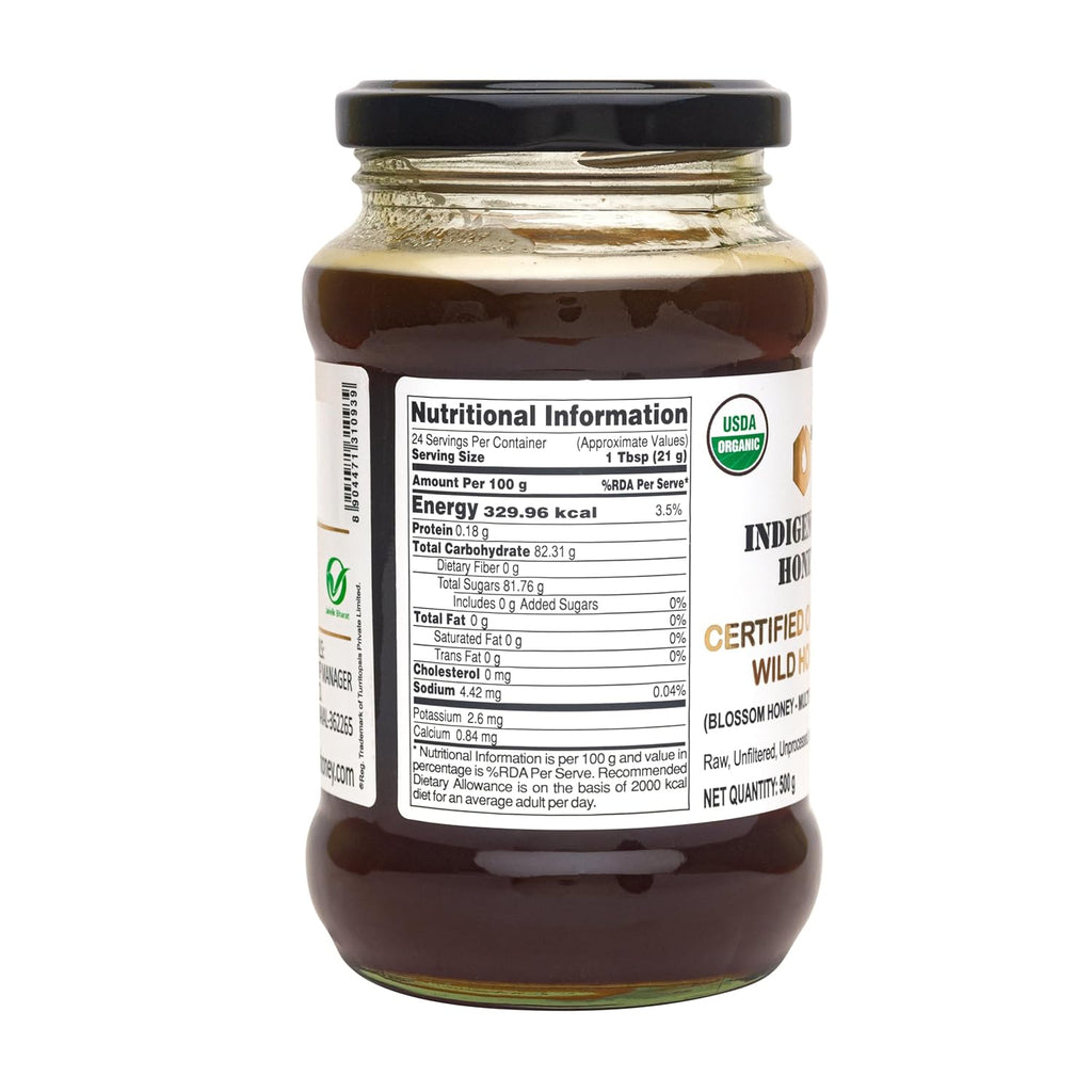 INDIGENOUS HONEY USDA Certified Organic Raw Wild Blossom Honey, Unfiltered Small-Batch Micro-Lot Harvest, Glass Jar, Single-Origin, 17.64 oz