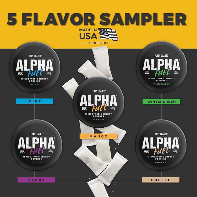 Fully Loaded Alpha Fuel Nootropic Pouches (Variety Fuel) - 5 cans - 15 Pouches per can - Nootropic Energy Pouches with Caffeine, Alpha GPC, Tyrosine, Taurine, Guarana and More