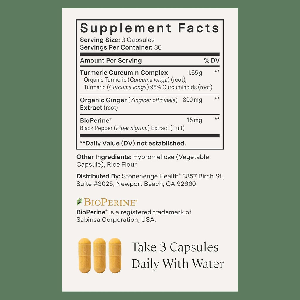 Stonehenge Health Dynamic Turmeric Curcumin with Ginger - High Potency - 1,650 mg Turmeric with 95% Curcuminoids & BioPerine, 90 Vegetarian Capsules