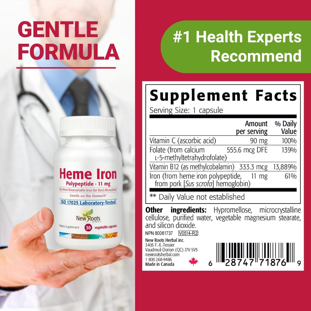 NEW ROOTS HERBAL Heme Iron Supplement with Vitamin C & B12 for Best Absorption | Iron Deficiency Support | Hemoglobin Supplements Designed by Naturopathic Doctors | Low-FODMAP (30 Capsules)