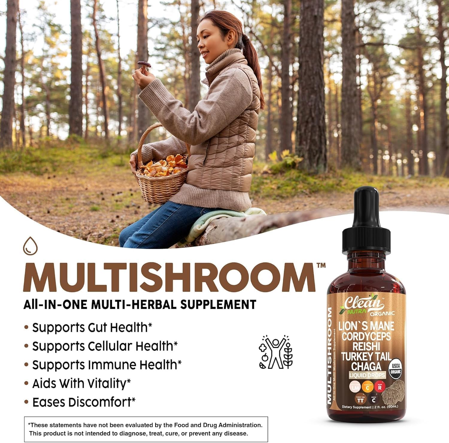 Mushroom Supplement Liquid Drops with Lions Mane Turkey Tail Cordyceps Reishi Chaga Shitake Maitake Tremella Oyster Mushrooms Poria Supplement and Enokitake Mushrooms Complex Blend by Clean Nutra