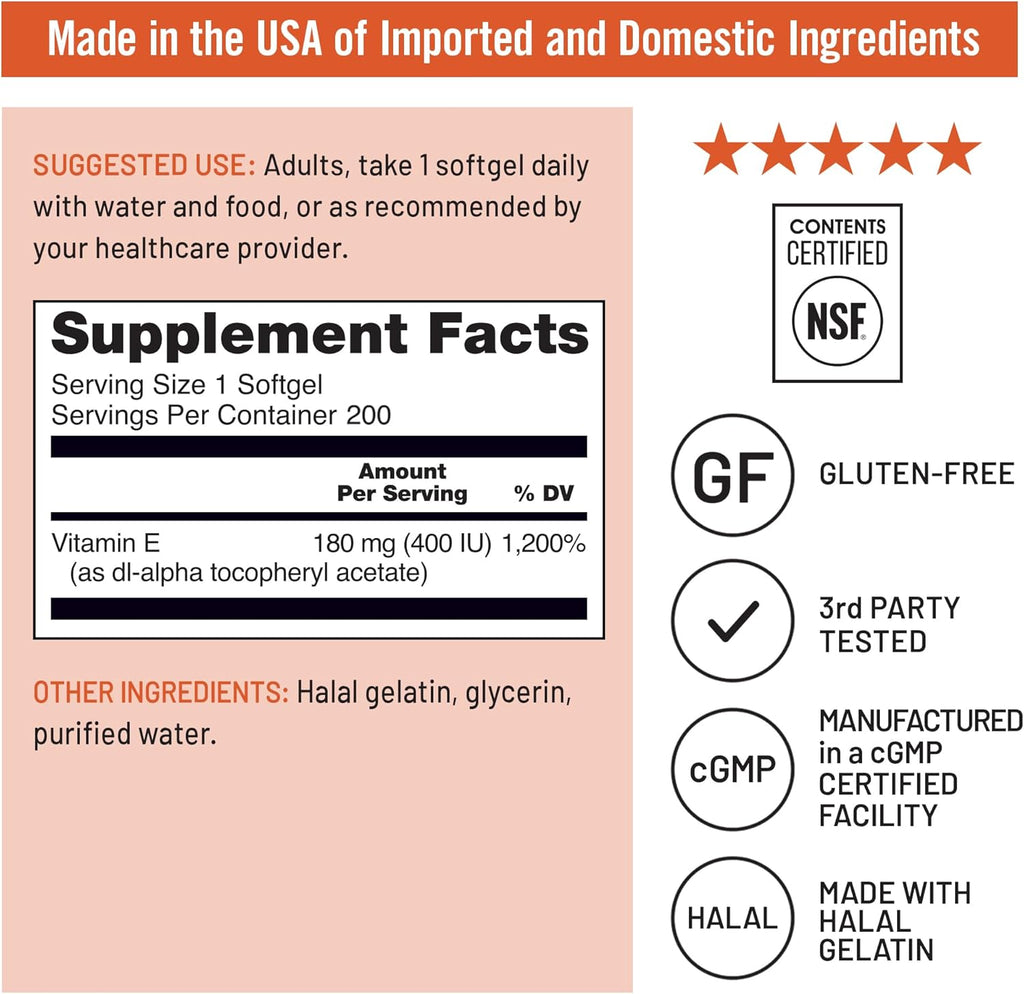 NatureWise Vitamin E 400 IU Softgels (180mg DL-Alpha) - Dairy, Gluten, and Soy Free, Non-GMO Antioxidant Dietary Supplement for Skin, Heart, Eye, and Immune Health Support - 200 Count