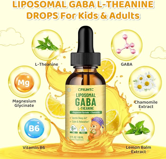 2 Pack Liposomal GABA L-Theanine Drops for Kids - Liquid GABA Supplement with Magnesium, Chamomile, Lemon Balm & Vitamin B6 - Support Relaxation, Focus & Stress Relief for Kids & Adults - Lemon