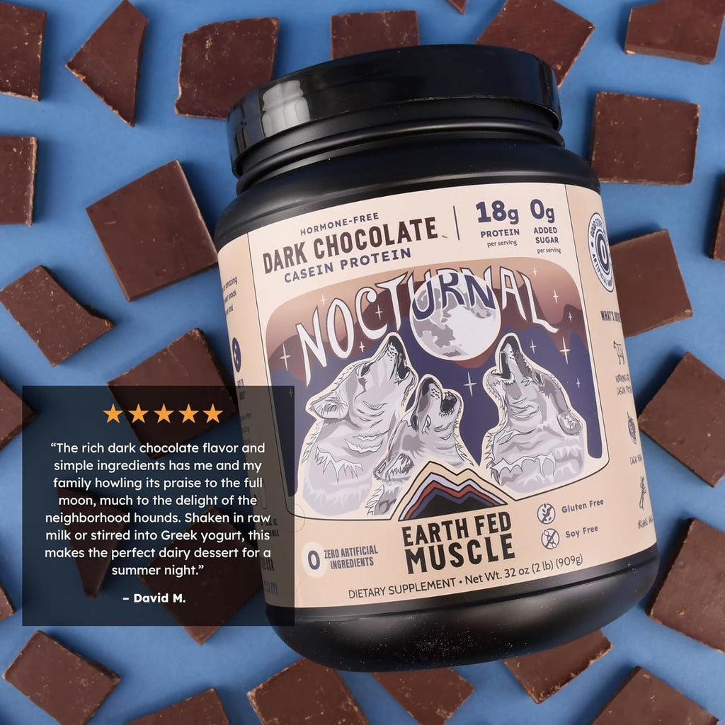 Earth Fed Muscle Nocturnal Casein Protein Powder – Dark Chocolate Protein Powder with Whey Blend – 18g Protein, Sugar Free, Gluten Free – Nighttime Recovery Protein Poweder – 2lb, 23 Servings