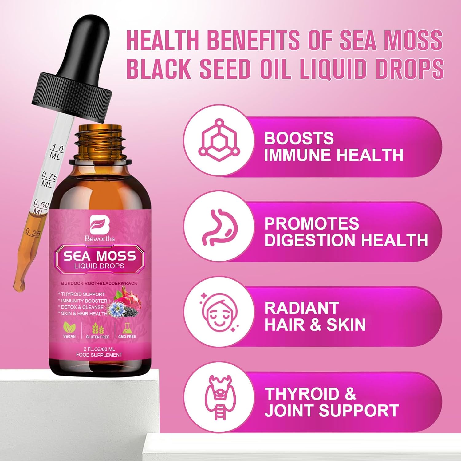 Sea Moss Liquid Drops - Black Seed Oil & Irish Sea Moss Gel with Burdock Root Bladderwrack, Elderberry, Spirulina, Seamoss Supplement for Energy Booster, Digestive Health - 4 Fl Oz, Vegan