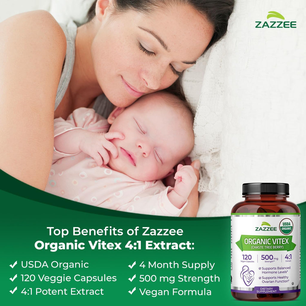 Zazzee USDA Organic Vitex, 500 mg Strength, 120 Vegan Capsules, 4 Month Supply, Kosher, Standardized and Concentrated 4X Extract, Whole USDA Certified Organic Chaste Berry, All-Natural and Non-GMO
