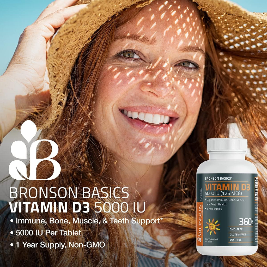 Bronson Vitamin D3 5000iu (125mcg) 1 Year Supply for Healthy Muscle Function and Immune Support, Non-GMO, 360 Tablets
