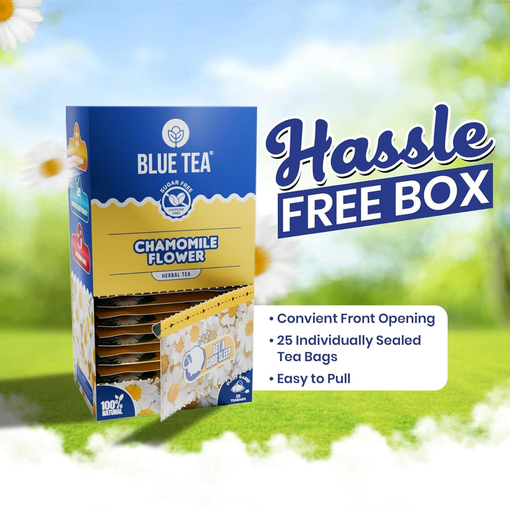 BLUE TEA - Chamomile Tea For Sleep - 25 Count - Plant Based Tea Bags | Get a good Sleep | Relaxation | Stress Relief | Caffeine Free - Flower Based - Herbal Tea | Single Tear Tea Box | Easy Pull Sachets