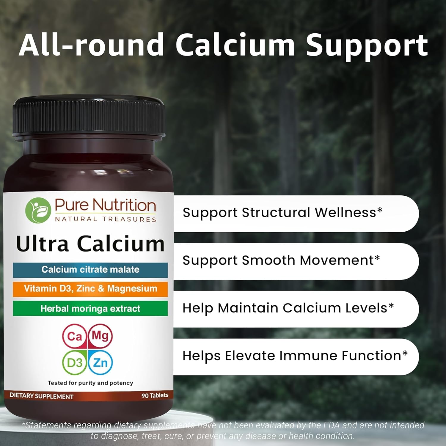 Pure Nutrition Ultra Calcium 1000mg with VIT D3 + K2 | 180 Tabs (90 X Pack of 2) | Highly absorbable Calcium Supplement with Calcium Citrate Malate, VIT D3, K2, Moringa Oleifera, Magnesium and Zinc.