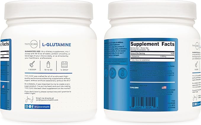 Type Zero L-Glutamine Powder (500G) 3-Month Supply Pure L-Glutamine Supplement - Vegan, Gluten Free, No Fillers