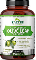 Zazzee Extra Strength Olive Leaf 50:1 Extract, 20,000 mg Strength, 40% Oleuropein, 150 Vegan Capsules, 5 Month Supply, Concentrated and Standardized 50X Extract, 100% Vegetarian, Non-GMO, All-Natural