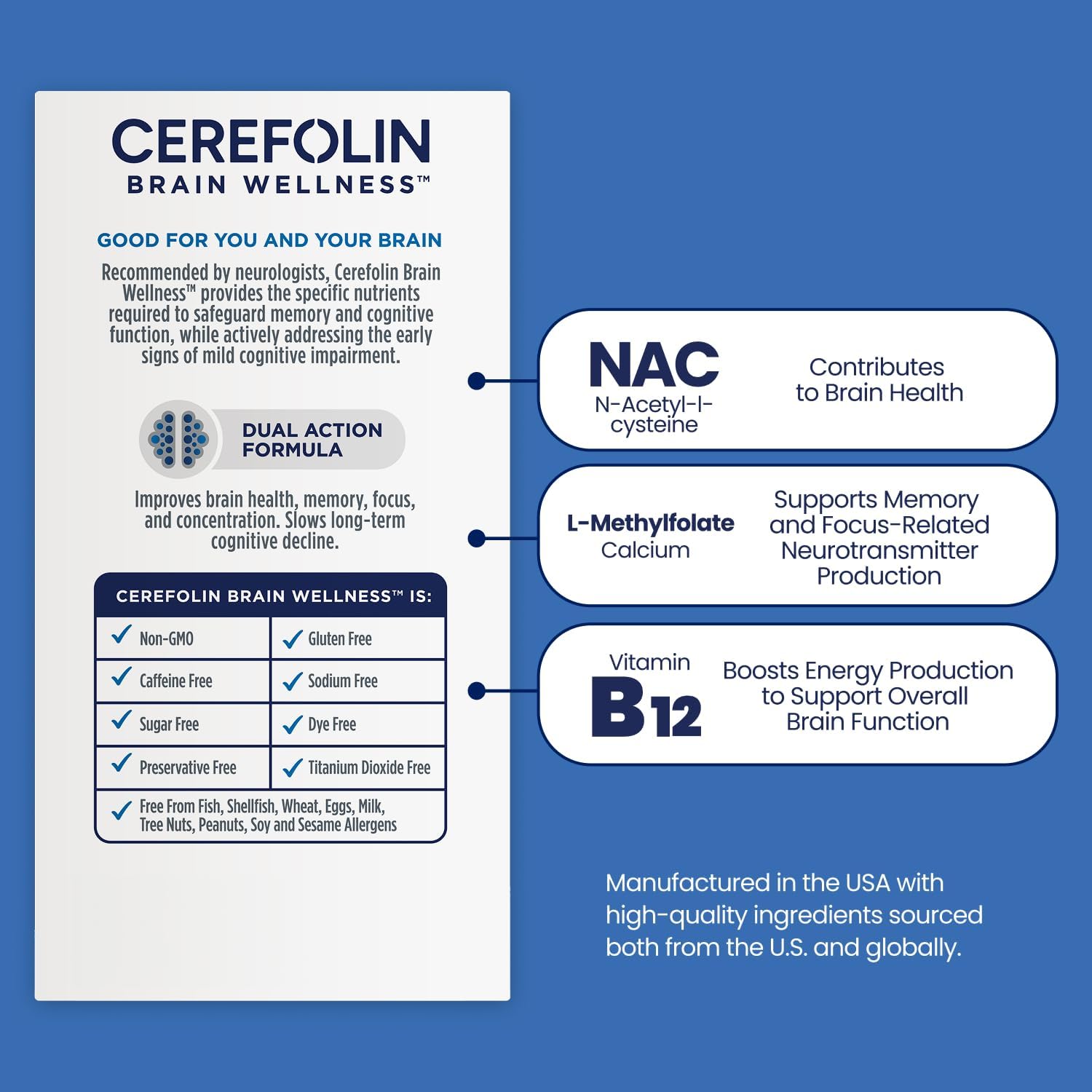 Brain Wellness, Targeted Nutrition for Cognitive Support, Improves Memory, Focus & Concentration, L-Methylfolate, NAC, B12, Neurologist Recommended (30 Count)