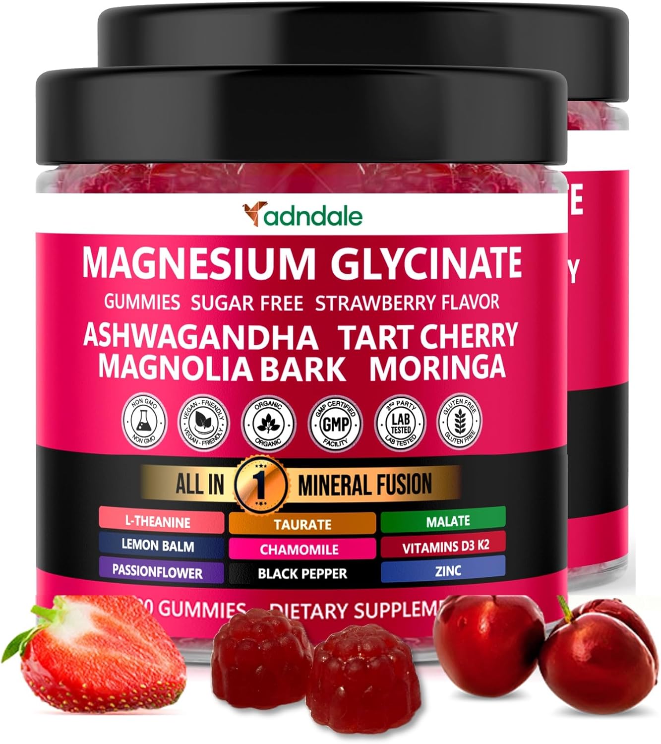 Adndale 180ct 15-in-1 Magnesium Glycinate Gummies 400 mg/serv- with Magnesium Malate, Ashwagandha, Tart Cherry, Magnolia Bark, Lemon Balm, Passionflower, Chamomile, L-Theanine, Zinc, Vitamin K2 & D3