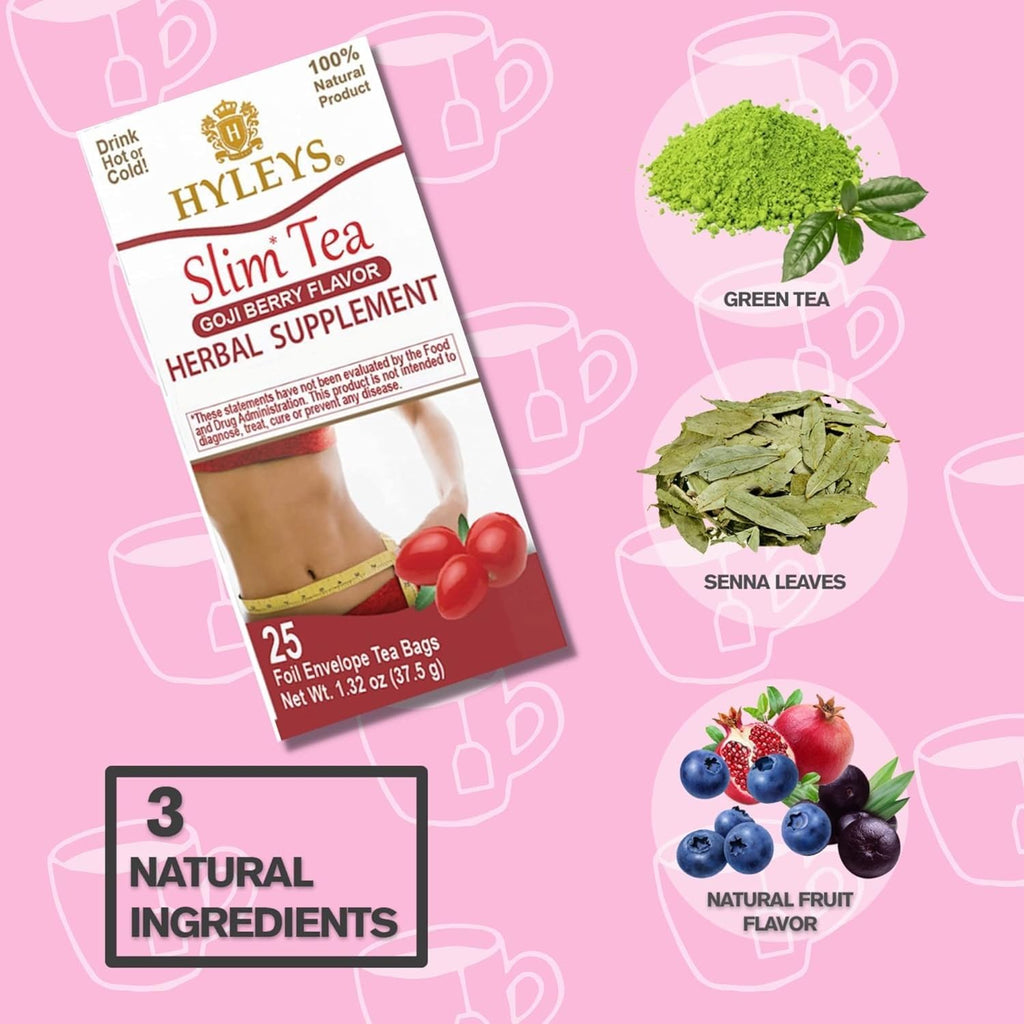 Hyleys Slim Tea Goji Berry Flavor - Weight Loss Herbal Supplement Cleanse and Detox - 25 Tea Bags (12 Pack)
