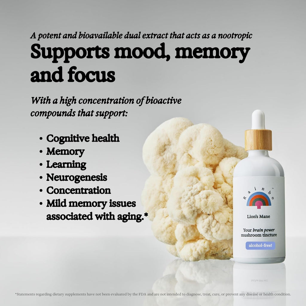Lion's Mane Mushroom Tincture - Alcohol Free - Dual Extract Mushroom Supplement - Brain Support, Focus, Memory, Liquid Lion's Mane Supplement, Vegan, Non GMO, 3.4 fl oz