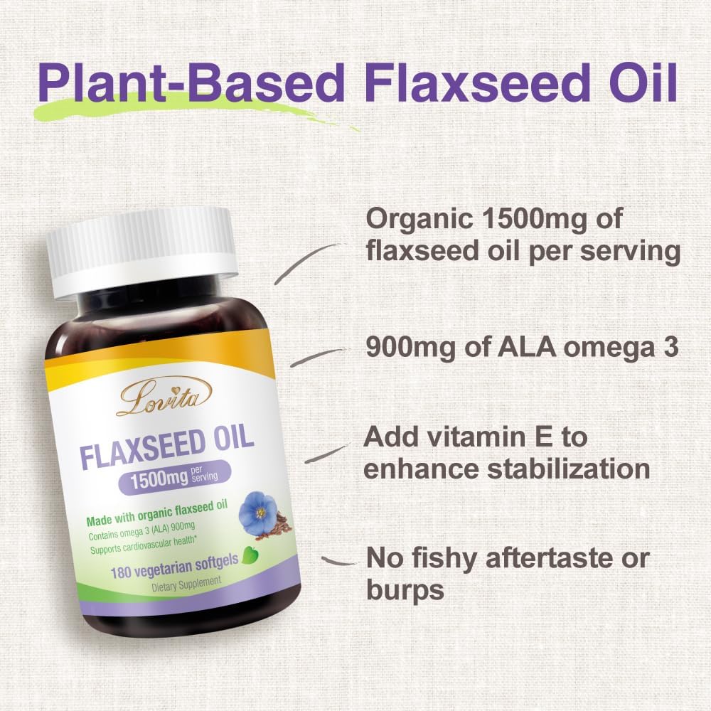 Lovita Vegan Omega-3 Cold-Pressed Flaxseed Oil: 1500mg, 900mg ALA, 180 Softgels (Pack of 3)