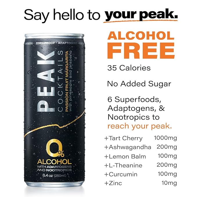 Peak Cocktails Non-Alcoholic Cocktail | Mixologist-made | Adaptogens, Nootropics, Superfoods for Recovery, Calm, Sleep | Ashwagandha, Tart Cherry, L-Theanine | Passion Fruit Margarita | 8.4oz, 24-Pack