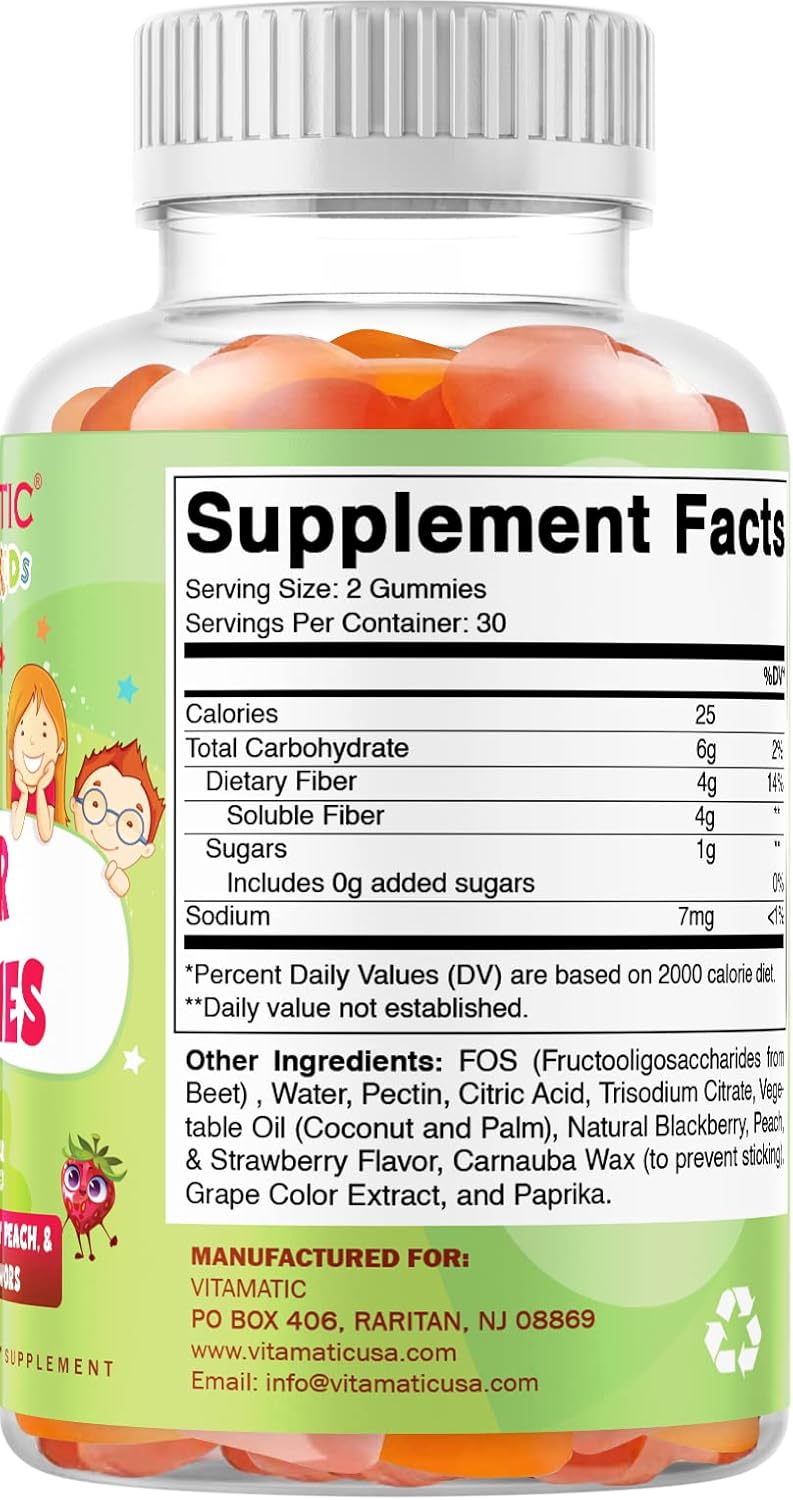 Vitamatic Kids Prebiotic Fiber Gummies – Extra Strength 4g Fiber – Zero Sugar Added – 60 Pectin-Based Gummies – Digestive Health & Regularity Support (Pack of 2)