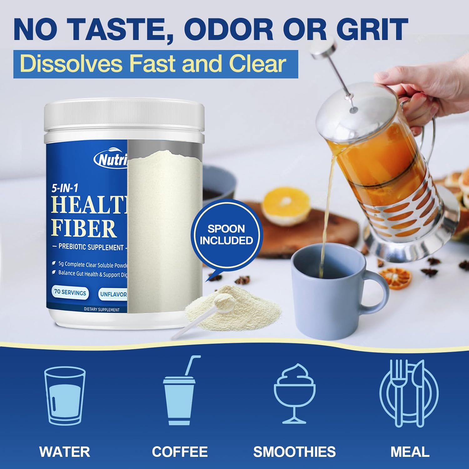 Fiber Supplement - Prebiotic Fiber Supplement Powder, 5g Soluble Fiber Powder with Acacia & Inulin for Daily Digestive Health & Regularity, Gluten & Sugar Free, Vegan, Unflavored - 70 Servings