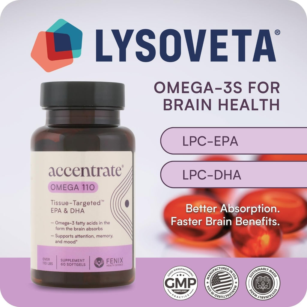Omega 110 w/LYSOVETA LPC | EPA & DHA Supplements for Brain & Retina Health | Focus, Attention, Memory, Mood & Vision | 6X Higher Absorption Than Fish Oil | High Potency Omega-3 LPC-DHA