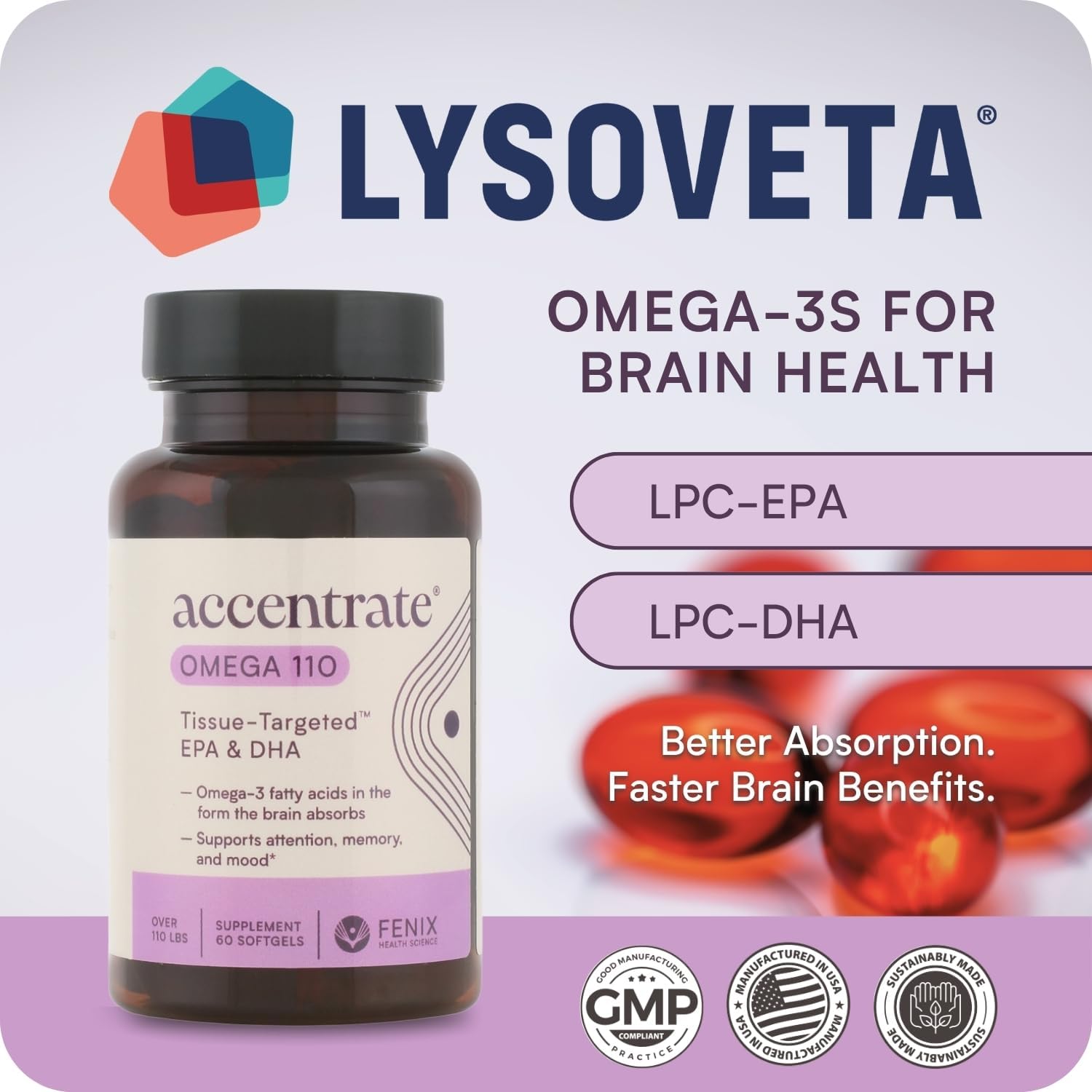 Omega 110 w/LYSOVETA LPC | EPA & DHA Supplements for Brain & Retina Health | Focus, Attention, Memory, Mood & Vision | 6X Higher Absorption Than Fish Oil | High Potency Omega-3 LPC-DHA