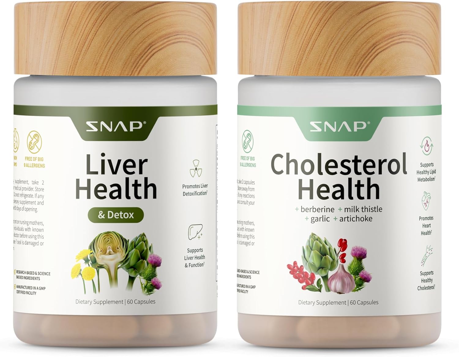 Snap Supplements Liver Health & Detox & Cholesterol Health Supplement Bundle Supports Heart, Liver, Digestive and Metabolic Health, 60 Vegetarian Capsules Each (2-Pack,1 Month Supply)