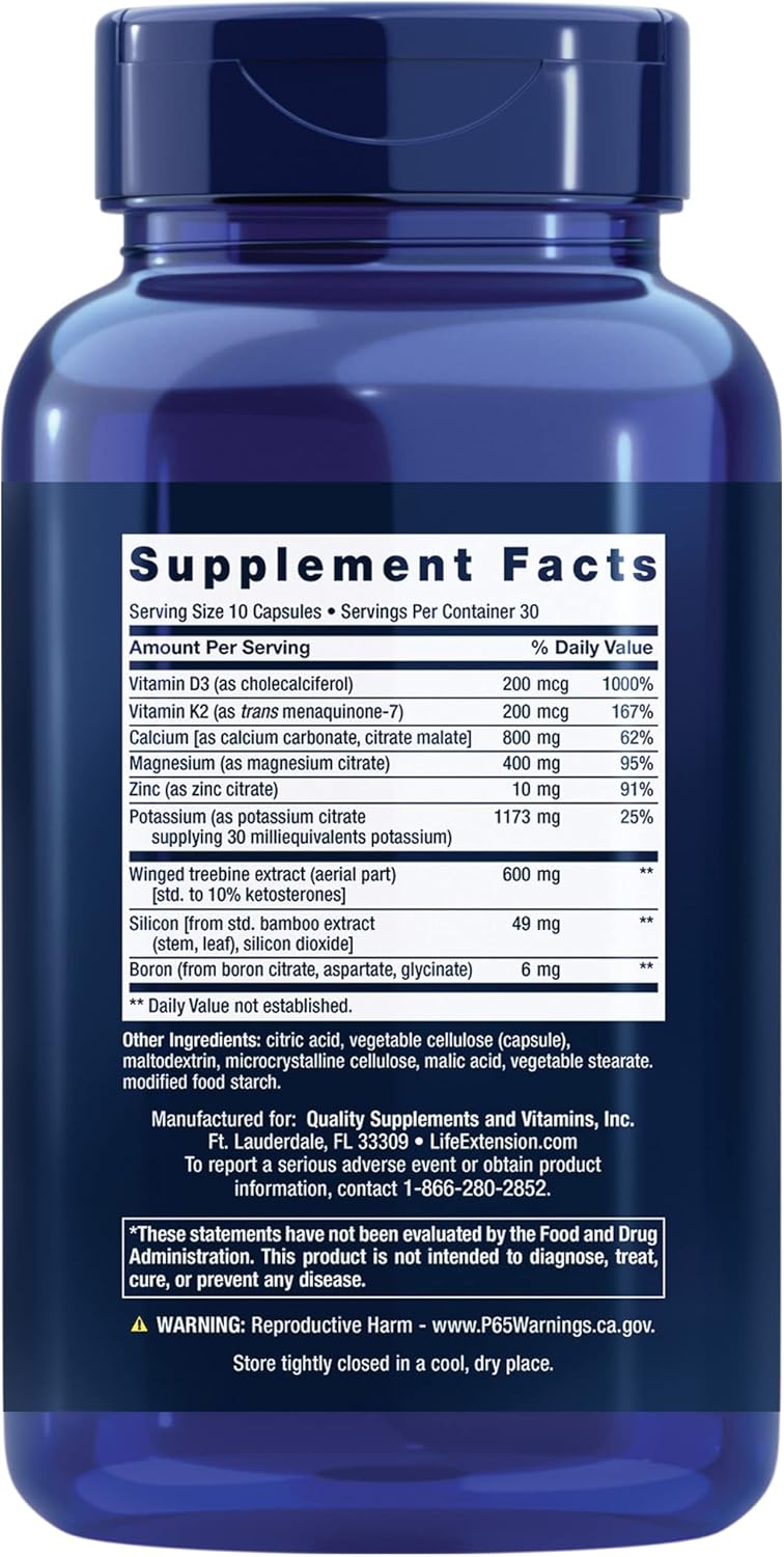 Life Extension Dr. Strum's Intensive Bone Formula, Cissus quadrangularis, Calcium, Vitamin D3, K2, Magnesium, zinc, Potassium, Boron, Bone Health Support Formula, Gluten Free, Non-GMO, 300 Capsules