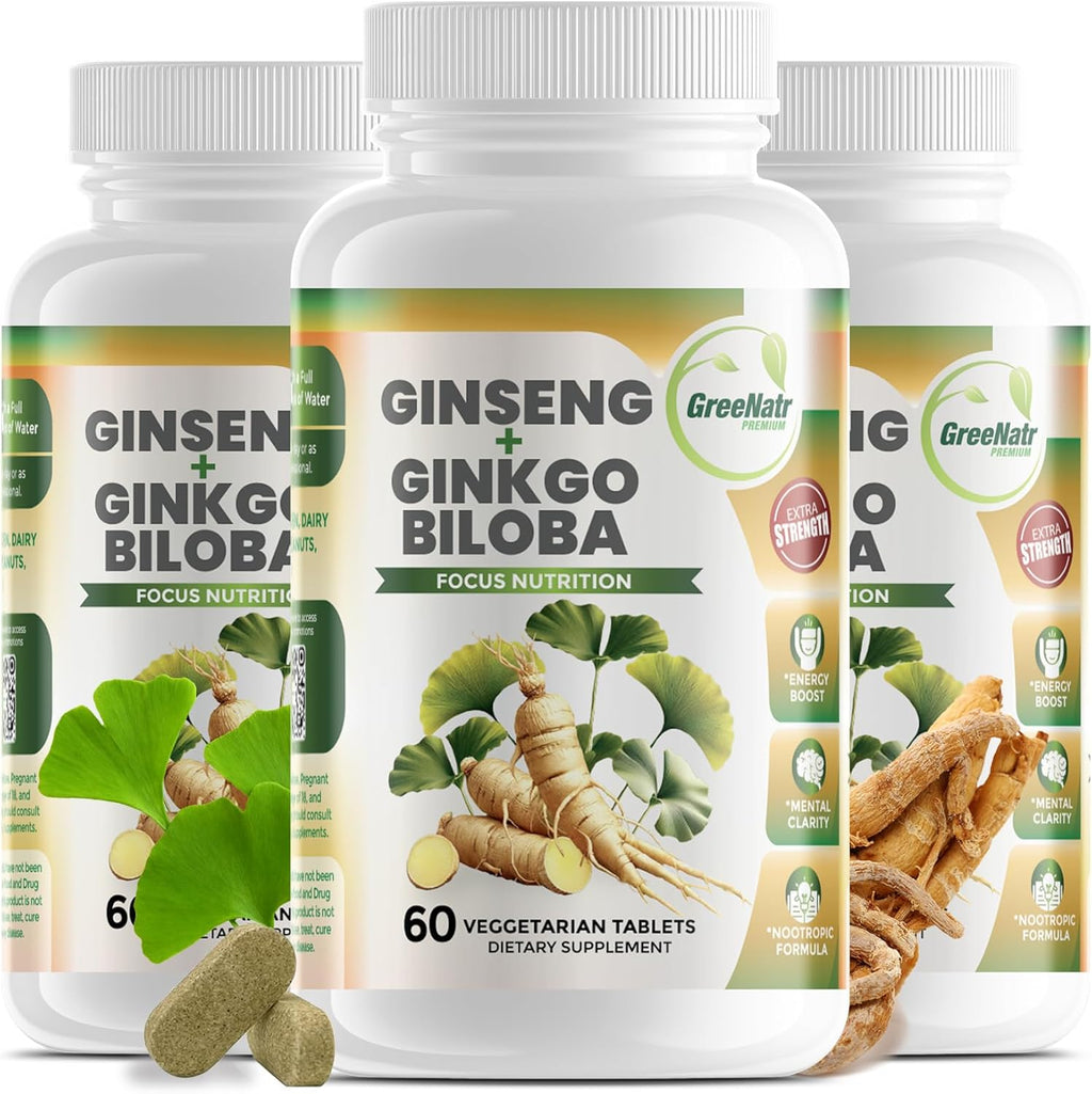 Ginko Biloba & Panax Ginseng Supplement - Red Ginseng Brain Supplement for Memory and Focus - Ginkgo Biloba Supplements for Good Vision, Immune System and Improved Blood Flow - 3 Bottles