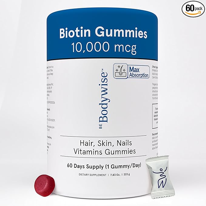 Be Bodywise Biotin 10000mcg Gummies | Hair Nail and Skin Vitamins | Biotin for Hair Growth for Women | Refined Sugar Free | 60 Day Pack (1 Gummy/Day)