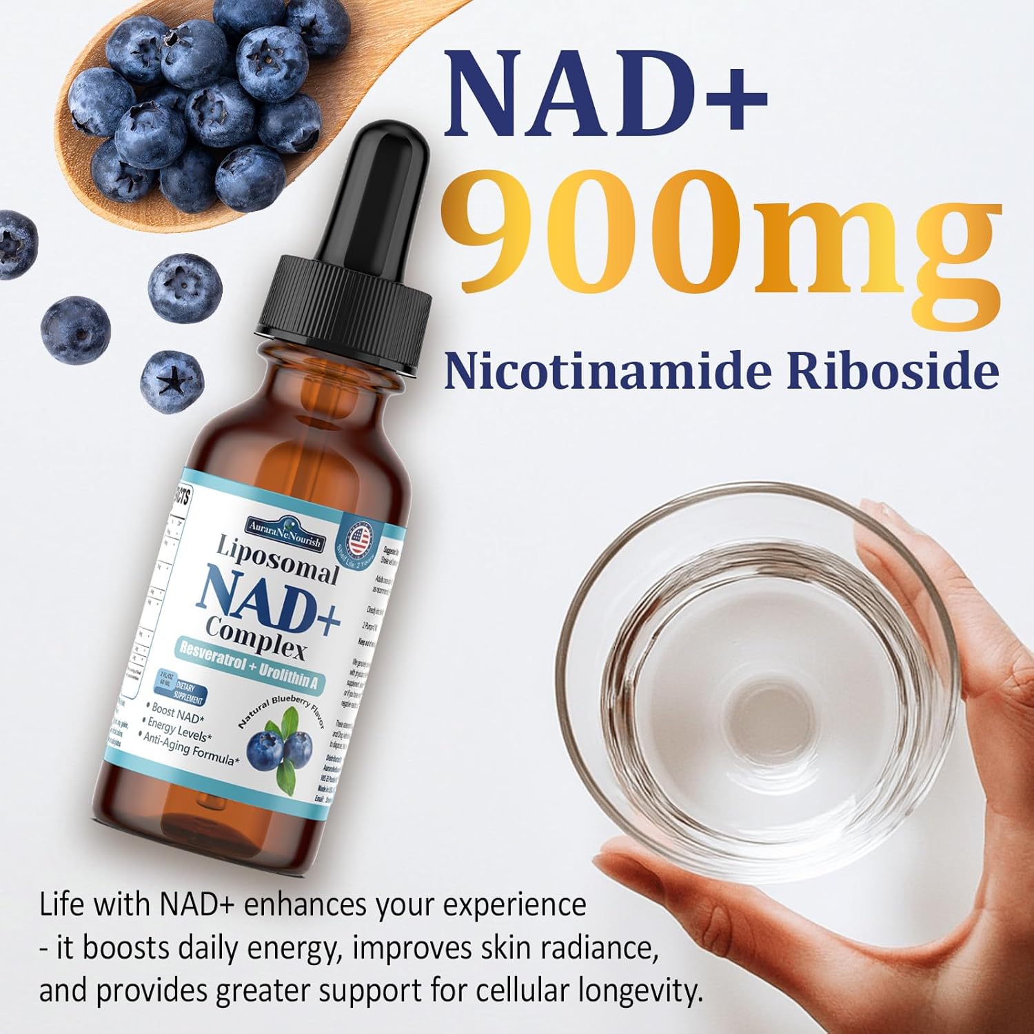 Liposomal NAD+ Liquid Drops, 8-in-1 NAD⁺ Nicotinamide Riboside Resveratrol 900mg w. Quercetin & Urolithin A | Fast Absorption NAD+ Supplement with CoQ10, ALA| Cellular Energy, Anti-Aging, Vitality