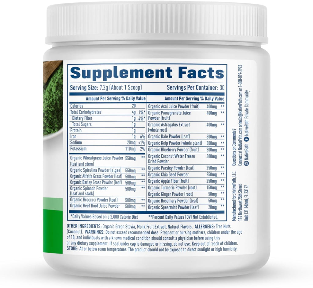 NativePath Native Greens Superfood Powder – Organic Greens, Spirulina, Beet Root Powder, Digestive Enzymes, Probiotics, Nightshade-Free, Naturally Sweetened, 30 Servings
