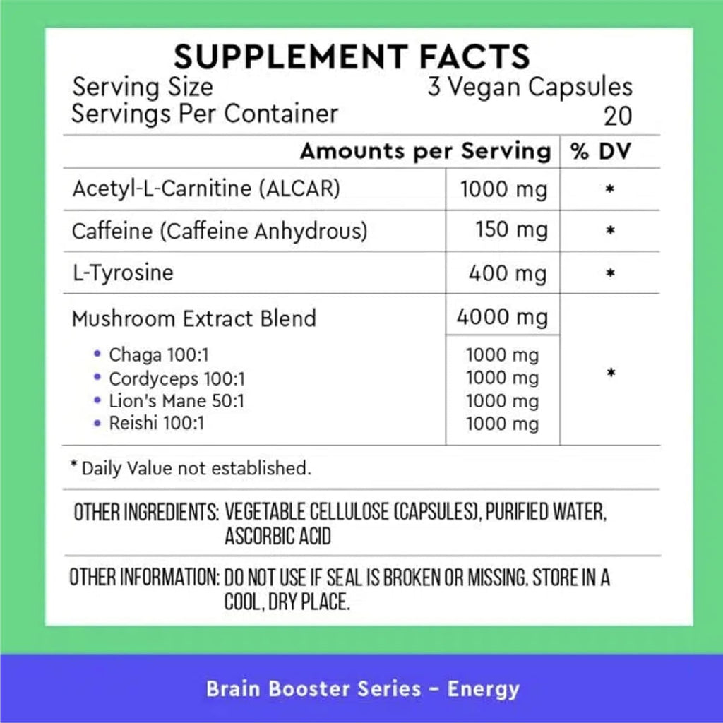 Energy Brain Booster | Supports Focus, Mood, and Cognitive Function | with Acetyl-L-Carnitine, L-Tyrosine, and Lion’s Mane | 60 Capsules