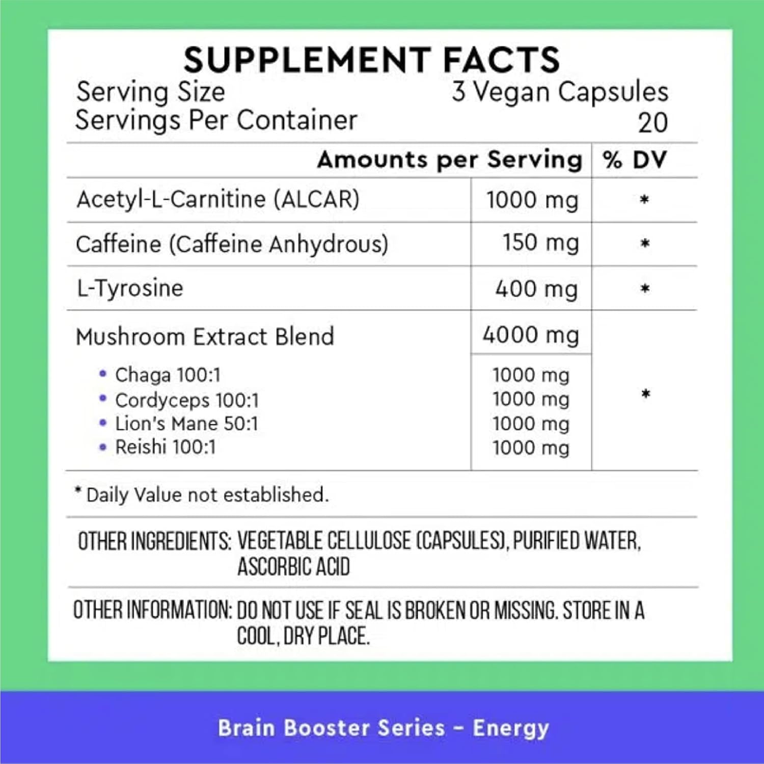 Energy Brain Booster | Supports Focus, Mood, and Cognitive Function | with Acetyl-L-Carnitine, L-Tyrosine, and Lion’s Mane | 60 Capsules