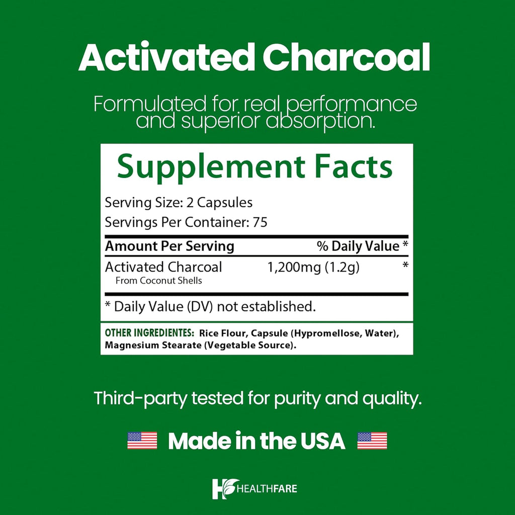 Activated Charcoal Capsules 1200mg | 150 Veg Capsules (Pack of 2) | Derived from Coconut Shells | Highly Absorbent | Non-GMO | Made in The USA