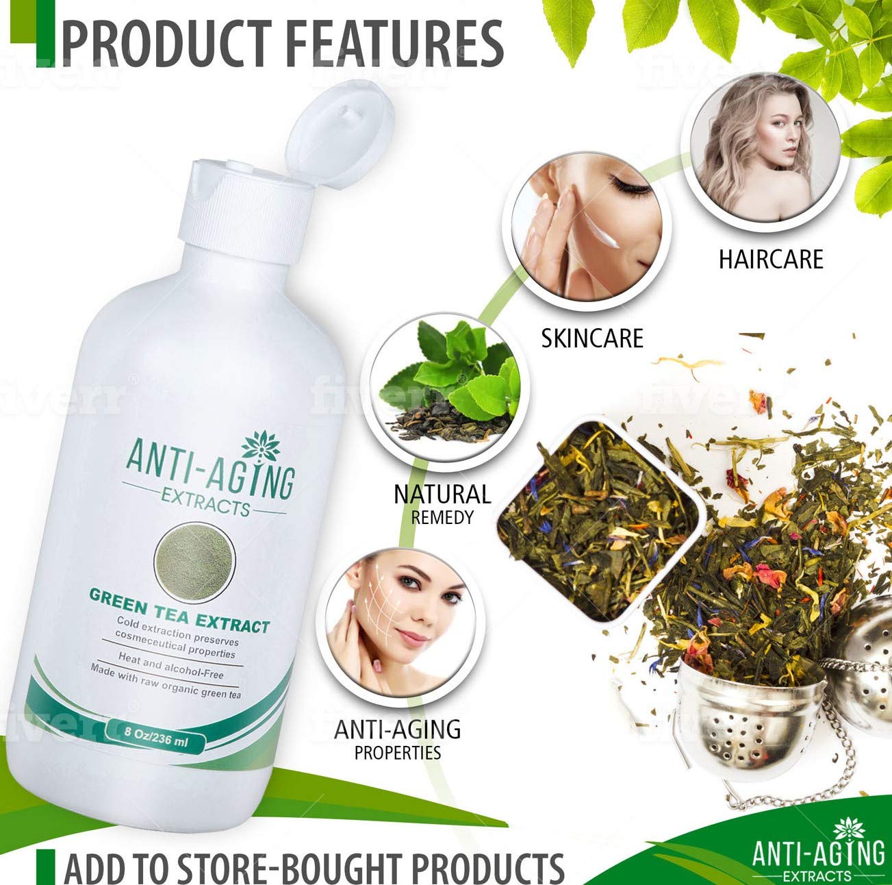 Green Tea Extract for Skin – Alcohol-Free, Cold-Processed Antioxidant Serum with USDA Organic Leaves – Cosmetic Grade for Face, Body and DIY Skincare Formulations - 8 fl oz