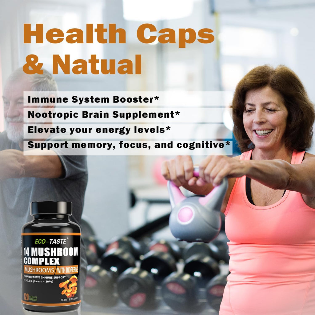 14 Mushrooms Supplement 120 Capsules - Immune System Booster & Nootropic Brain Supplement – with Lion’s Mane, Reishi, Maitake, Turkey Tail, Chaga Complex – Black Pepper for Absorption, 30% Beta-Glucan