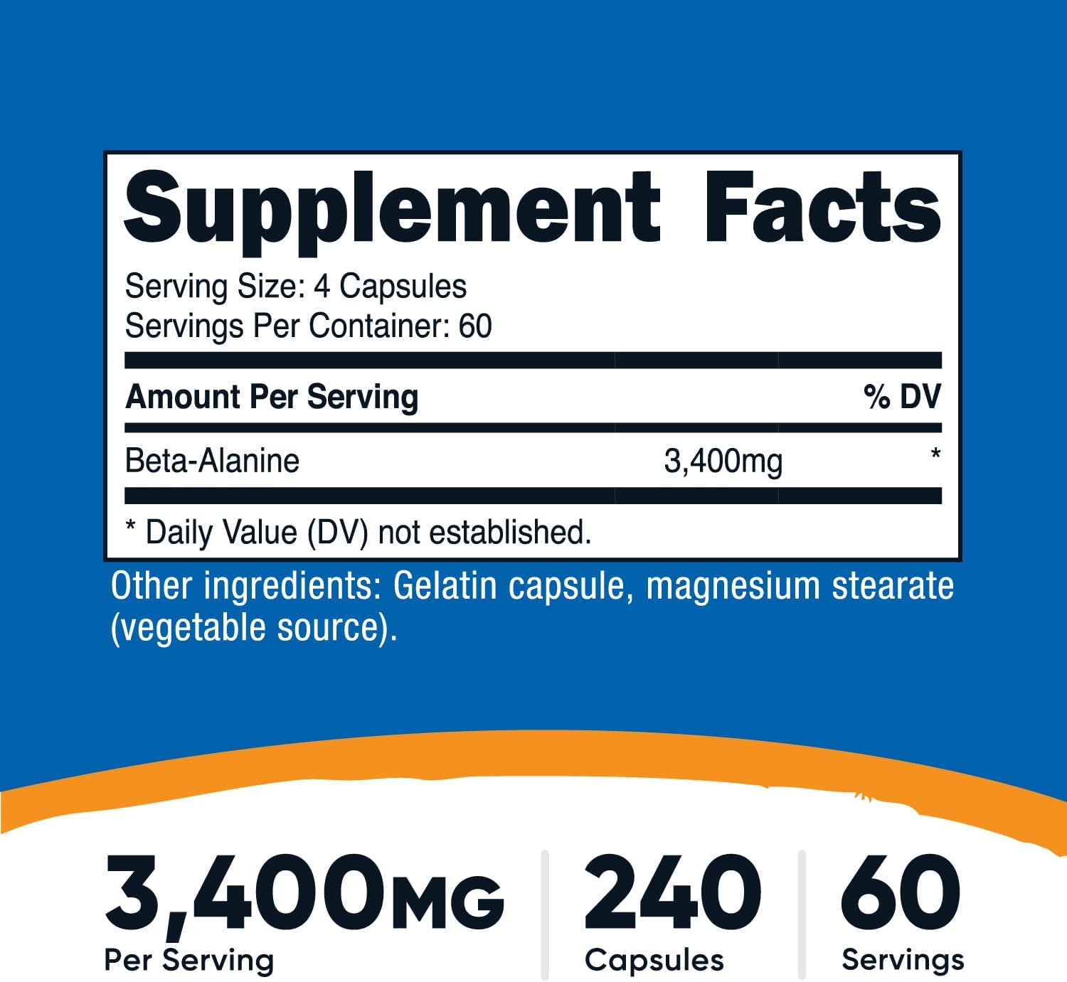 Nutricost Beta-Alanine Capsules 3400mg, 240 Capsules (60 Serv) - Potent Beta Alanine, Gluten Free & Non-GMO, 850mg Per Cap