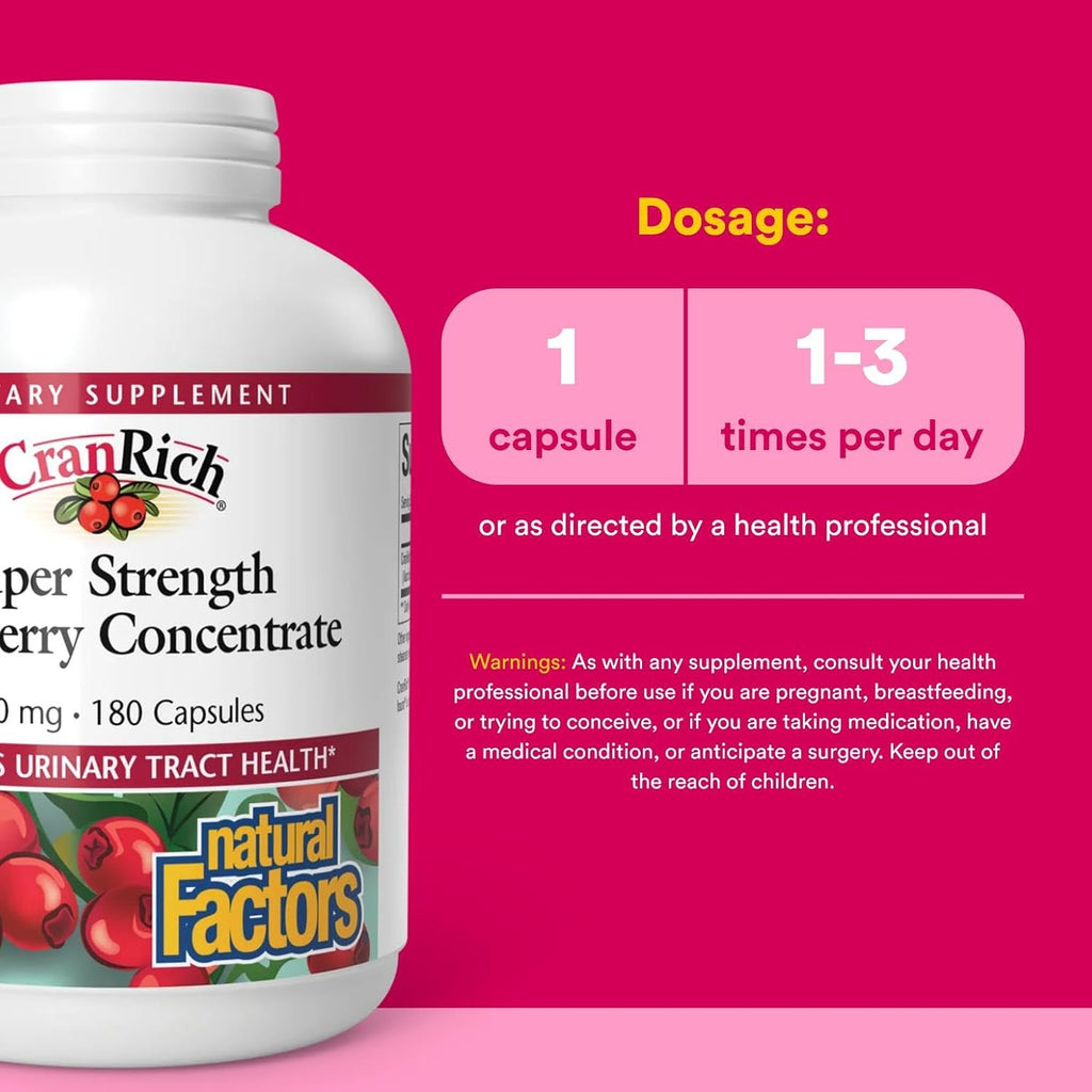 Natural Factors CranRich, Super Strength 36:1 Cranberry Concentrate, 500 mg, Sugar-Free Whole Fruit Cranberry Pills for Urinary Tract Health, 180 Capsules
