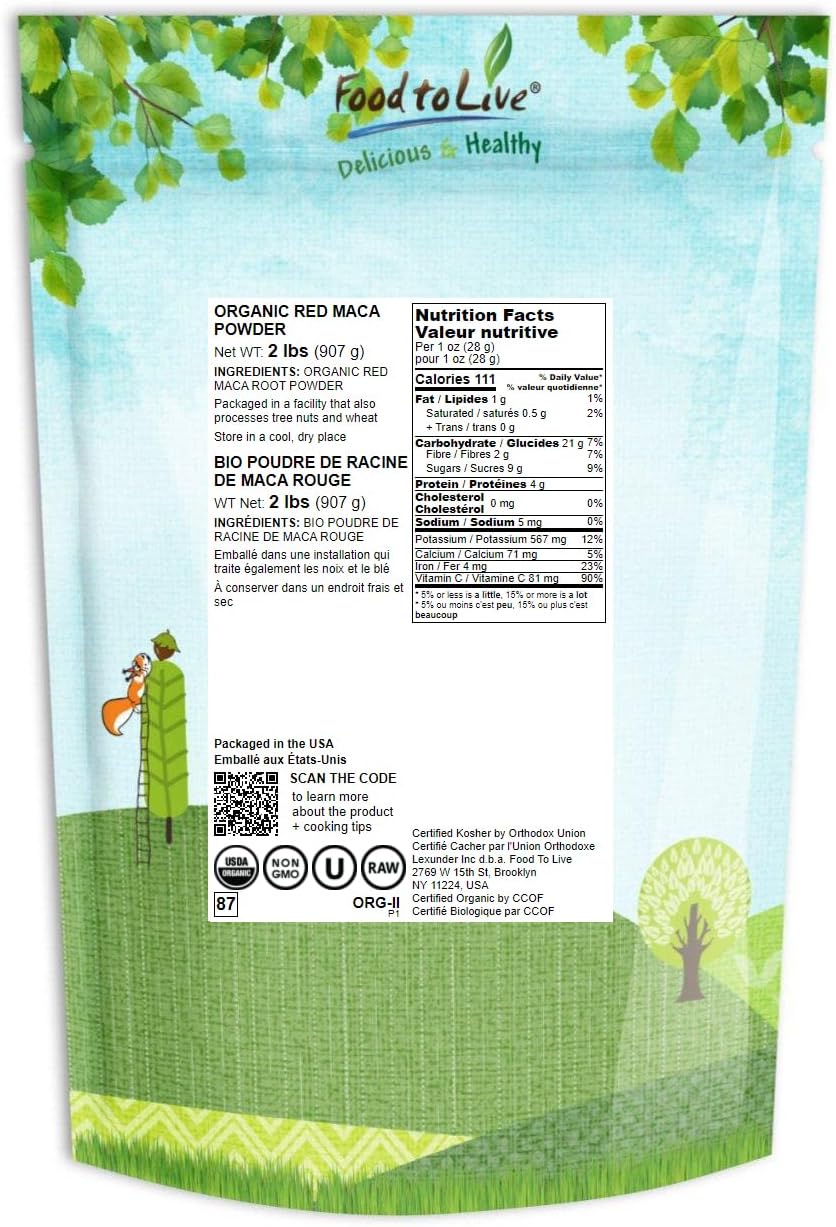 Food to Live Organic Red Maca Powder, 2 Pounds Raw Ground, Non-GMO, Kosher, Vegan, Fine Flour, Bulk