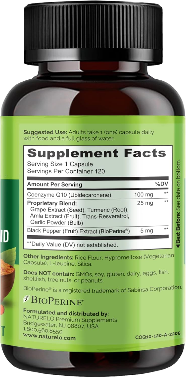 NATURELO Whole Food CoQ10 with Heart Health Blend, Powerful Antioxidant for Energy Production, 120 Capsules