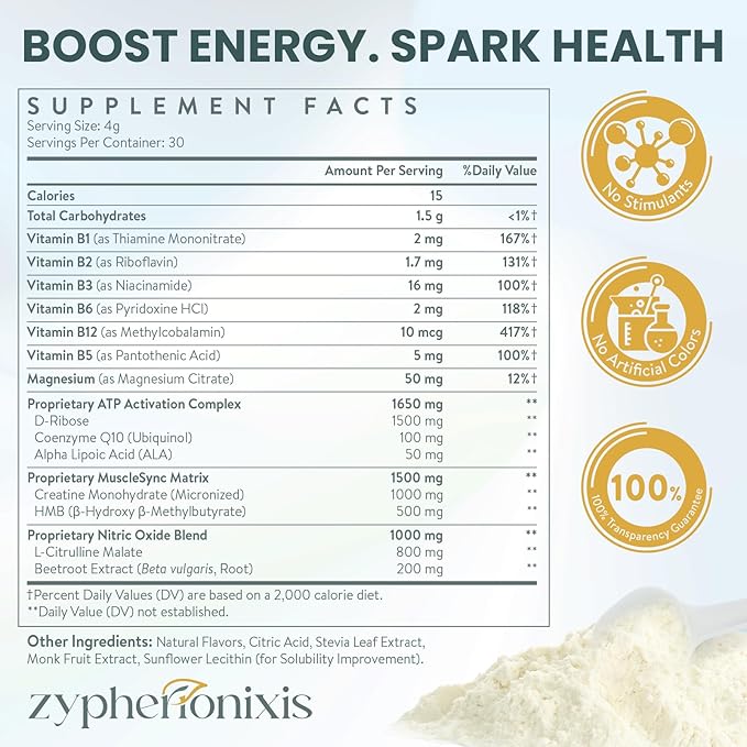 Premium ATP Supplements Powder for Cellular Energy & Performance | D-Ribose, Creatine, CoQ10, L-Citrulline | Nitric Oxide Booster & Mitochondrial Support | Caffeine-Free, 30 Servings
