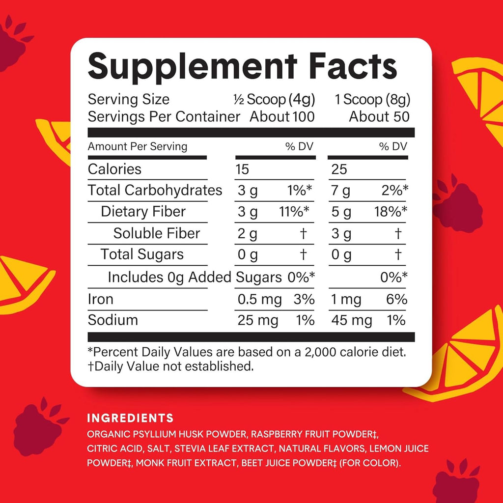 Bellway Super Fiber Powder + Fruit, Sugar Free Organic Psyllium Husk Powder Fiber Supplement for Regularity, Bloating Relief & Digestive Health, Plant-Based, Raspberry Lemon (50 Servings)