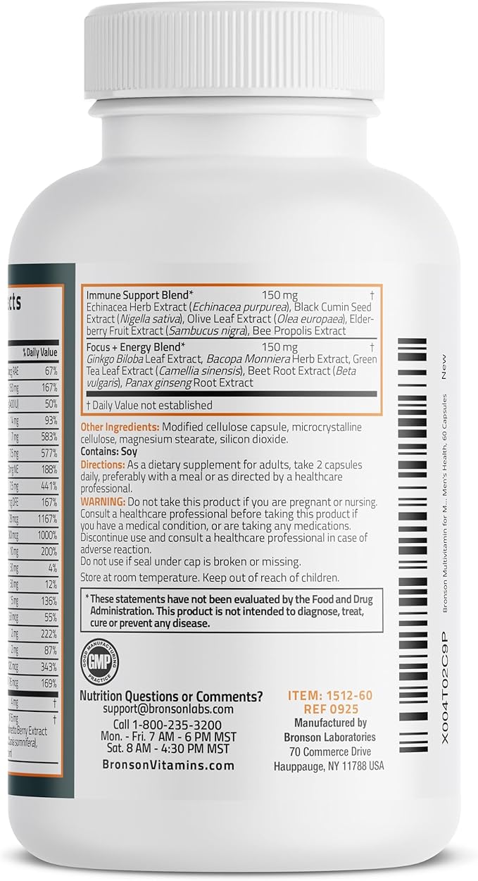 Bronson Multivitamin for Men All-in-One Daily Coverage Formula Key Vitamins, Minerals & Herbs to Support Men's Health, 60 Capsules