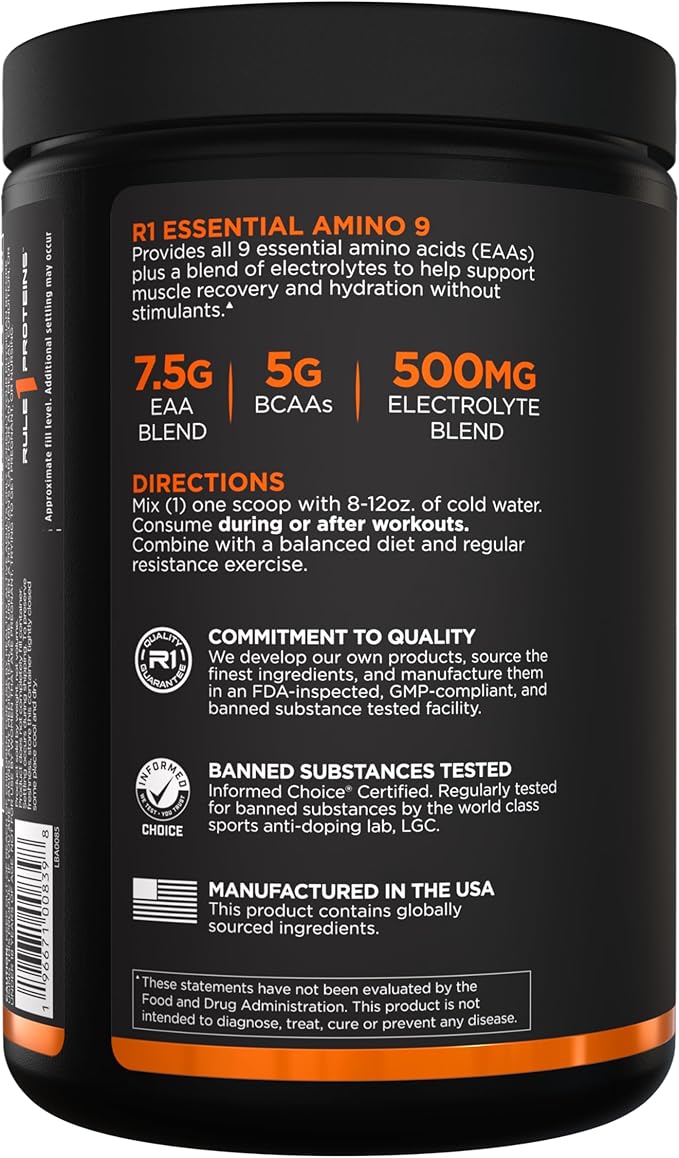 Rule 1 Essential Amino 9 – Recovery & Hydration Support with 7.5g of Essential Amino Acids + Electrolytes (30 Servings, Blue Razz Lemonade)