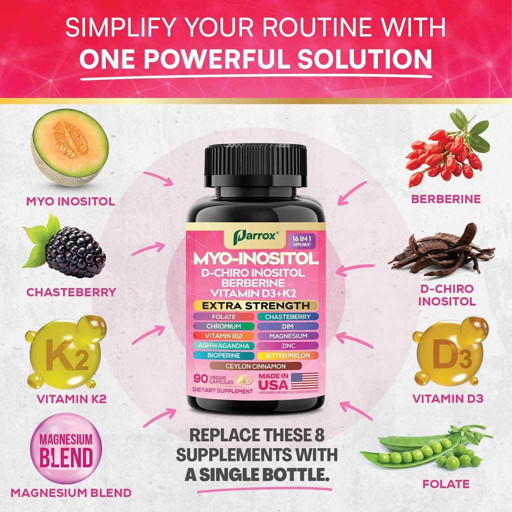 Myo-Inositol Supplement, Berberine, D-Chiro Inositol, Folate, Chromium, Vitamin D3, K2 & B12, DIM, Chasteberry, Ashwagandha, Ceylon Cinnamon, Zinc, Magnesium, Bioperine, Bitter Melon (2 Pack)