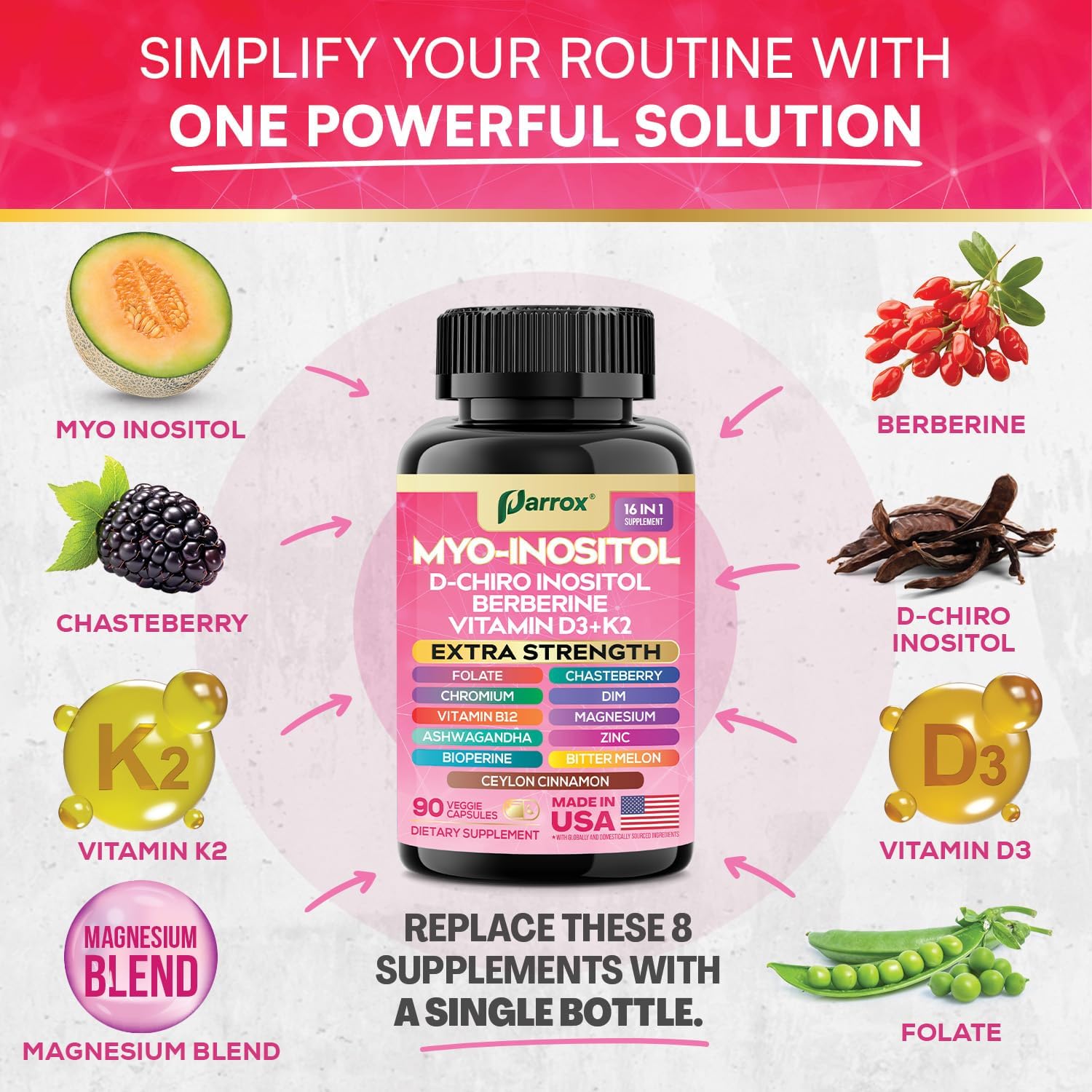 Myo-Inositol Supplement, Berberine, D-Chiro Inositol, Folate, Chromium, Vitamin D3, K2 & B12, DIM, Chasteberry, Ashwagandha, Ceylon Cinnamon, Zinc, Magnesium, Bioperine, Bitter Melon (3 Pack)