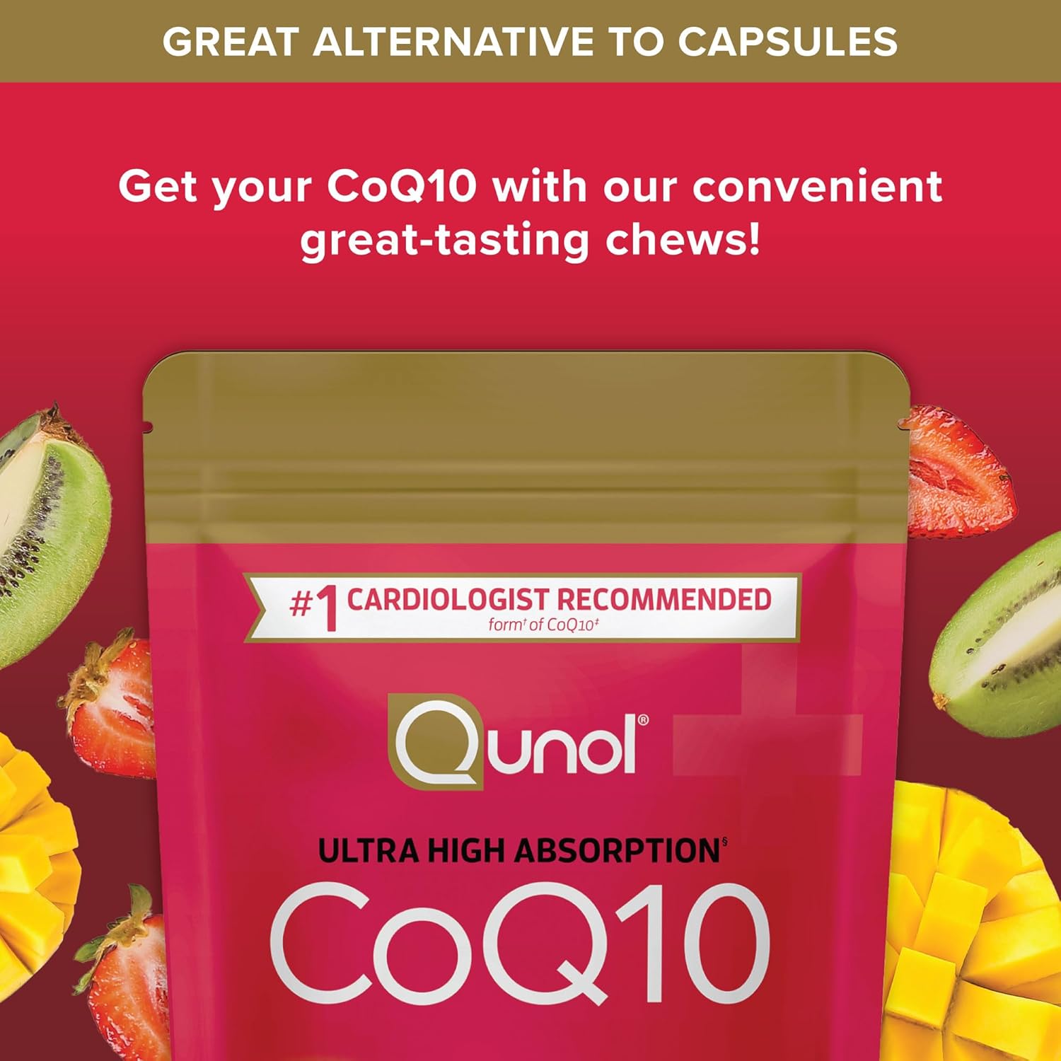 Qunol CoQ10 200mg Soft Chews, Extra Strength & Ultra High Absorption Coenzyme Q10 Supplement, #1 Cardiologist Recommended Supplement for Heart Health, 90 Count