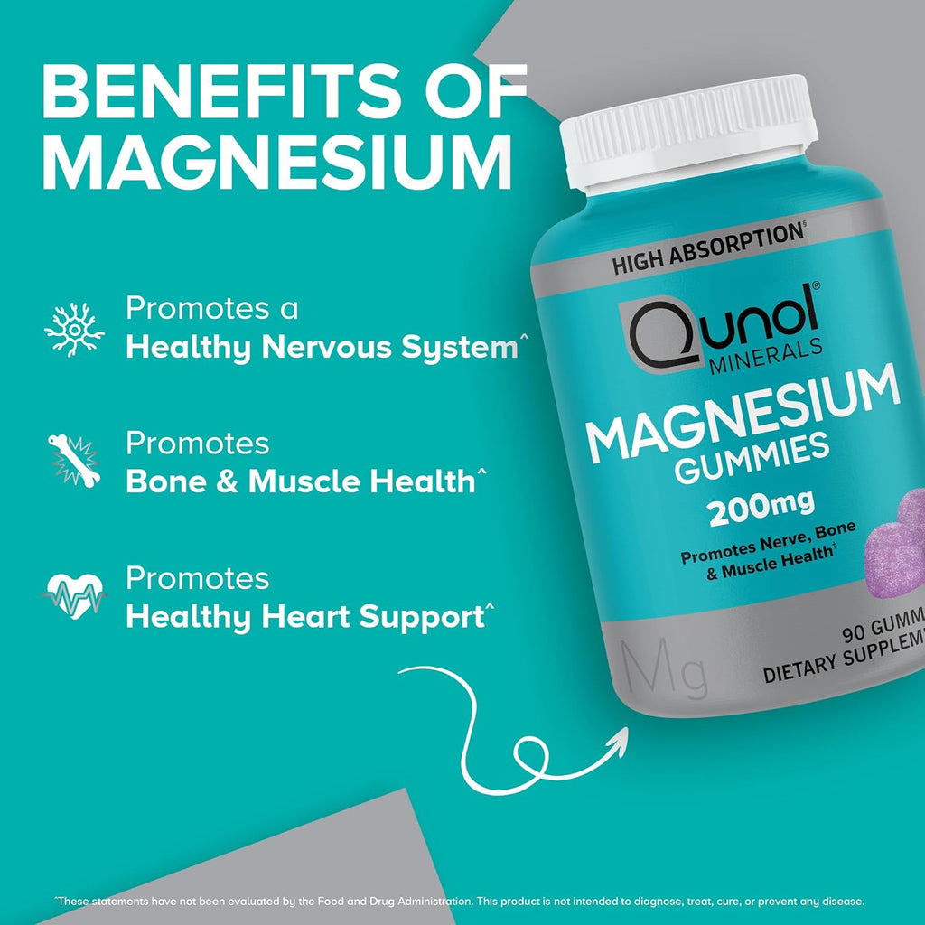 Qunol Magnesium Gummies for Adults, 200mg Elemental Magnesium (from 1,750mg Magnesium Citrate), High Absorption Magnesium Supplement, Supports Nerve, Bone and Muscle Health, Vegetarian, 90 Count