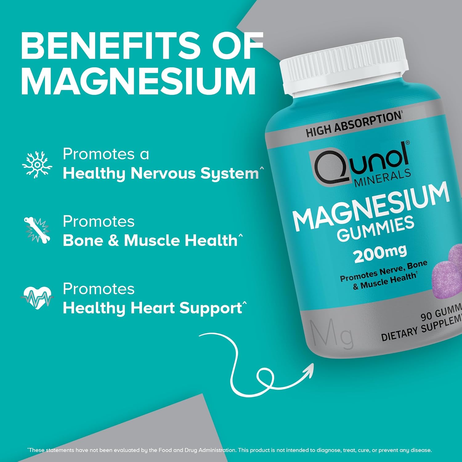 Qunol Magnesium Gummies for Adults, 200mg Elemental Magnesium (from 1,750mg Magnesium Citrate), High Absorption Magnesium Supplement, Supports Nerve, Bone and Muscle Health, Vegetarian, 90 Count